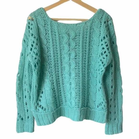 Free People Women’s Fluff Oversized Cable Knit Lace Sweater Mint Green XS - Picture 3 of 12